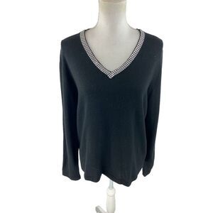 Soft Surroundings L Silk Cashmere V-neck Rhinestone Pullover Sweater Black Flaws